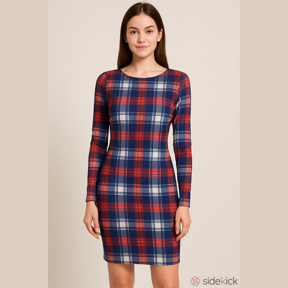 None Dresses & Skirts - Blue Red White Plaid Long Sleeve Sheath Midi Dress - size Small